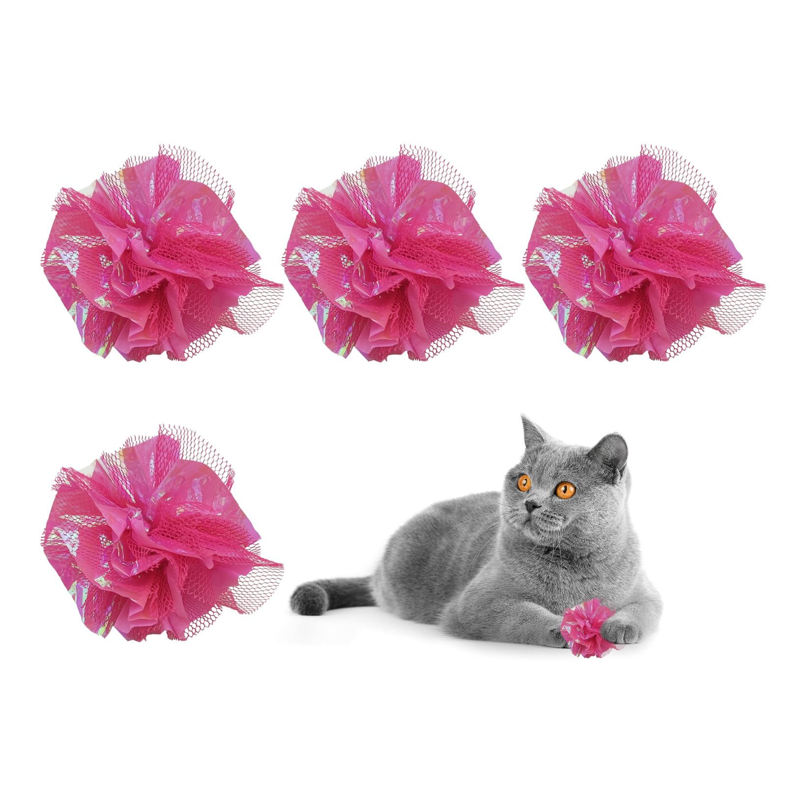 Andiker Crinkle Cat Ball Toy, 4pcs Candy Color Interactive Cat Toy for Indoor Cats Suitable for Party Decoration, Shiny Foil Cat Enrichment Toys for Kitty Reduce Anxiety and Boredom (Pink)
