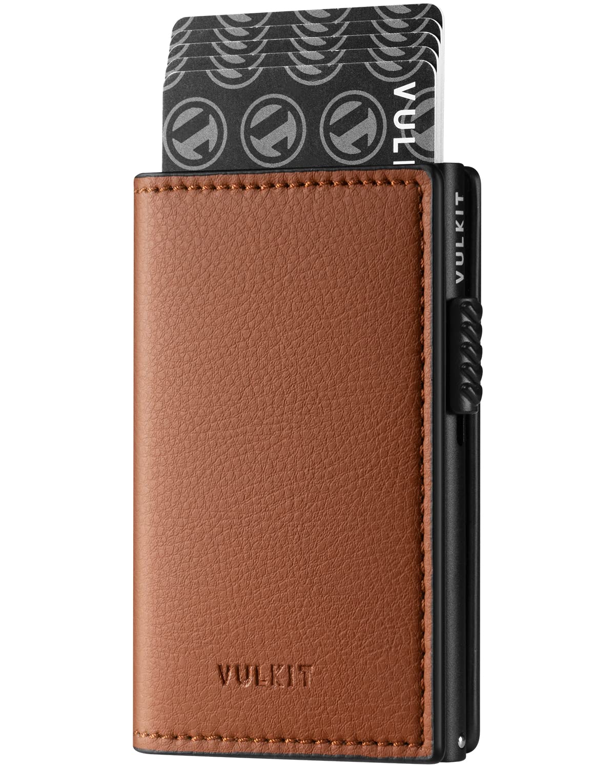 VULKIT Brown Minimalist Classic Slim Leather Aluminium RFID-Blocking Wallet Holds 11 Cards & Notes