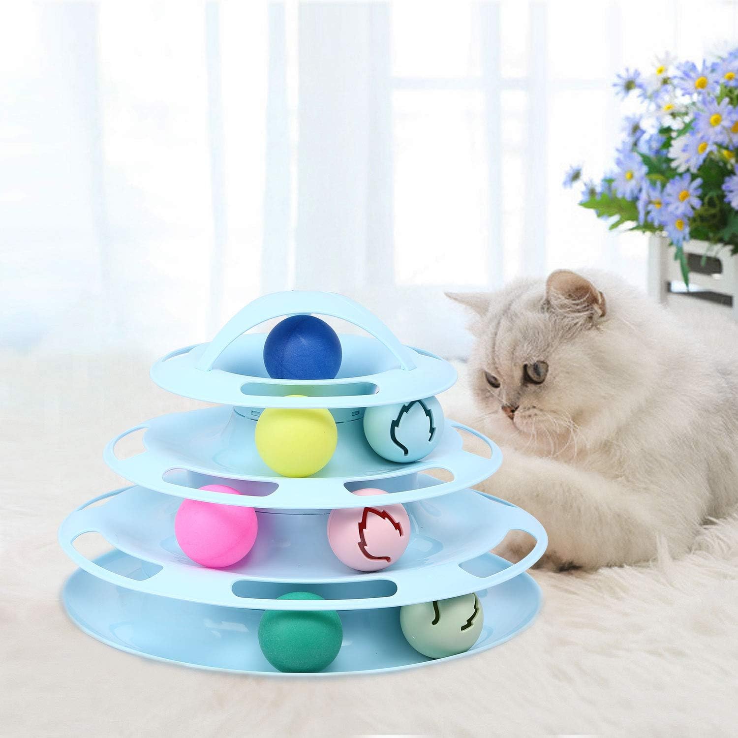 Amazon Pika 猫 おもちゃ ボール ねこ 回転 タワー 遊ぶ盤 円盤 ぐるぐる回る玉ころ ボールレール 回転 ボール ターンテーブル 運動不足 ストレス解消 猫じゃらし付き ピンク ブルー Pika ボール 通販