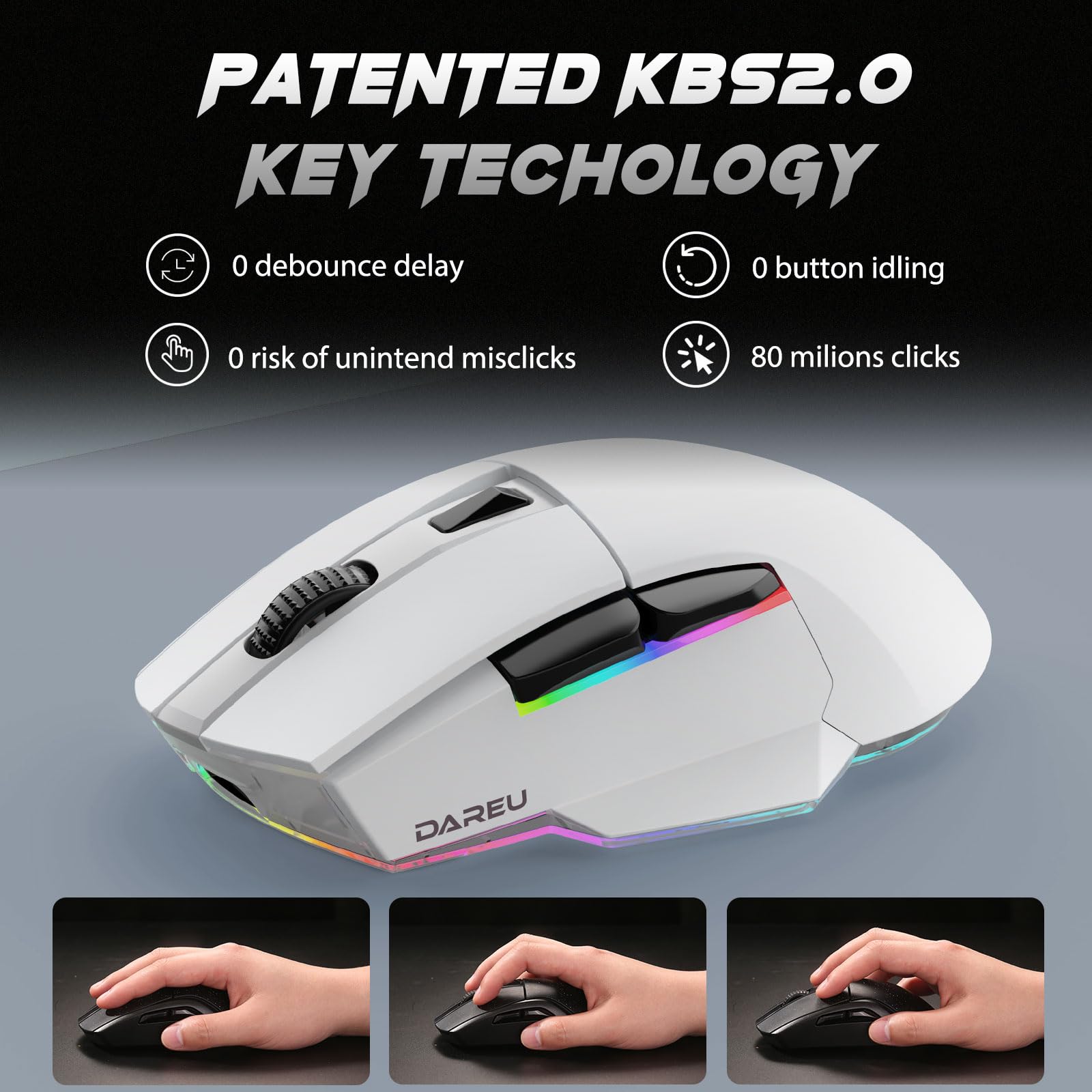 DAREU A955 Wireless Gaming Mouse with RGB Charging Dock: Tri-Mode 2.4G/USB-C/BT Mouse Up to 12K DPI Optical Sensor -KBS II Buttons Fully Programmable- 120 Hr Battery