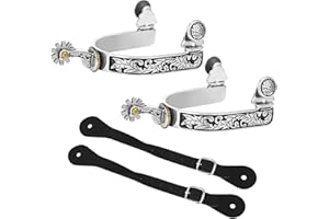Anjetan 1 Pair Western Cowboy Spurs with Belts, Horse Spurs for Men, Stainless Steel Spurs with Engraved Pattern and 2 Adjustable Leather Straps, Classic Roping Boot Spurs for Training, Riding