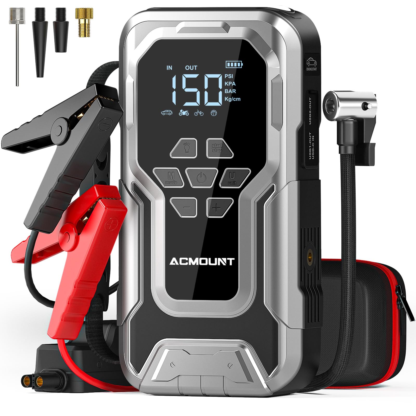 Acmount Jump Starter with Air Compressor, 6000A Car Battery Jumper Starter Portable(All Gas/10.0L Diesel), 150PSI Tire Inflator Air Pump, 12V Jump Pack with LCD Display, USB Quick Charge & LED Light Image