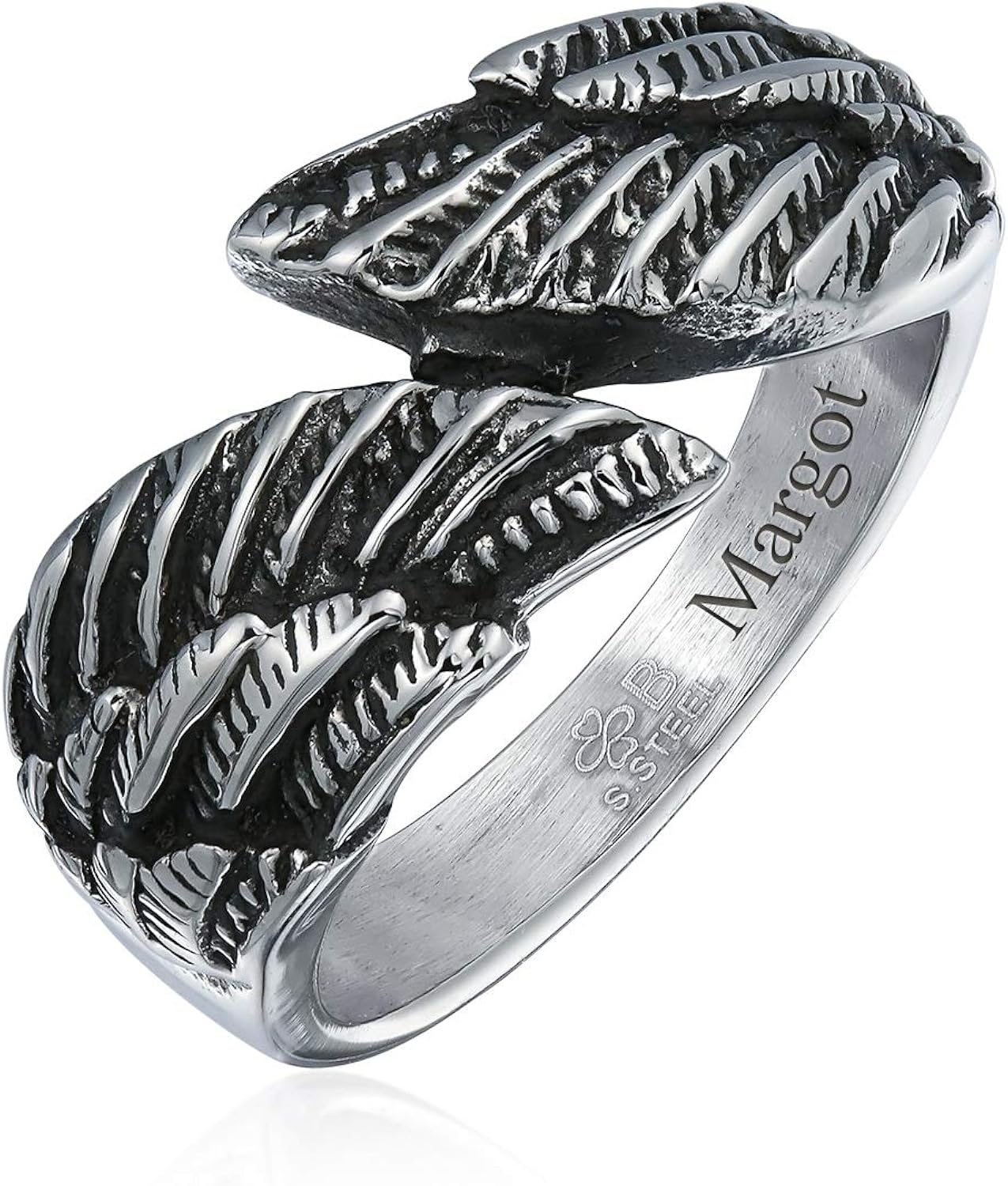 Personalize Unisex Biker Jewelry Religious Spiritual Guardian Feather Angel Wing Band Ring For Men Women Oxidized Silver Tone Stainless Steel Customizable - Image 5
