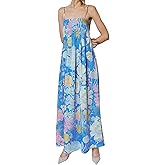 Women Floral Maxi Dress Spaghetti Straps V Neck Lace Patchwork Flowy Tiered Wedding Guest Long Dresses