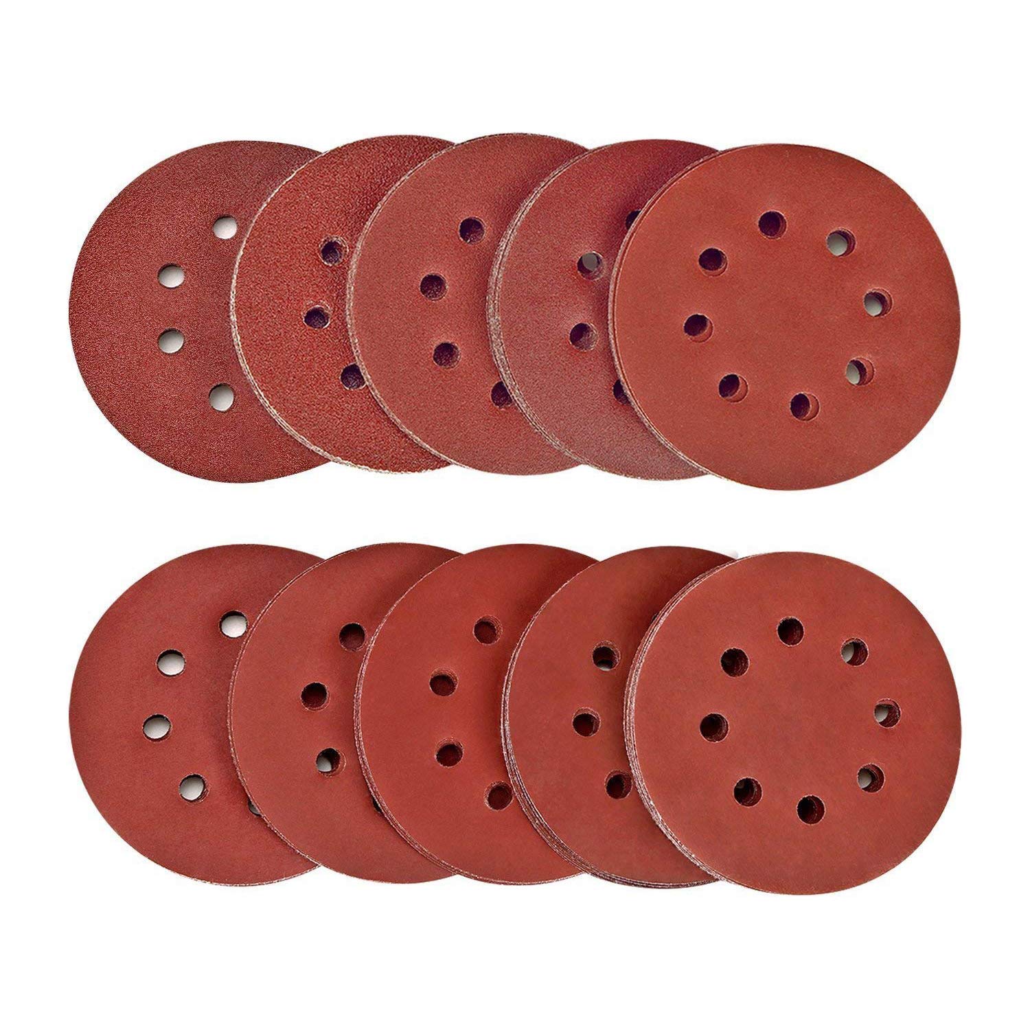 Sanding Discs Pads,SPTA 100Pcs 125mm Orbital Sander Discs, Hook and Loop 40# 80#,120#,180#,320#,400#,600#,800#,1500#,2000# Grits 8-Holes Sandpaper For Random Orbital Sander-SDPS5M100