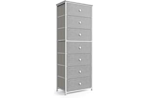 MIFURO Tall Fabric Dresser for Bedroom, Vertical Storage Organizer Tower with 7 Drawers, Chest of Drawers with Bins, Steel Frame, Wood Top for Bedroom, Closet, Entryway Light Grey