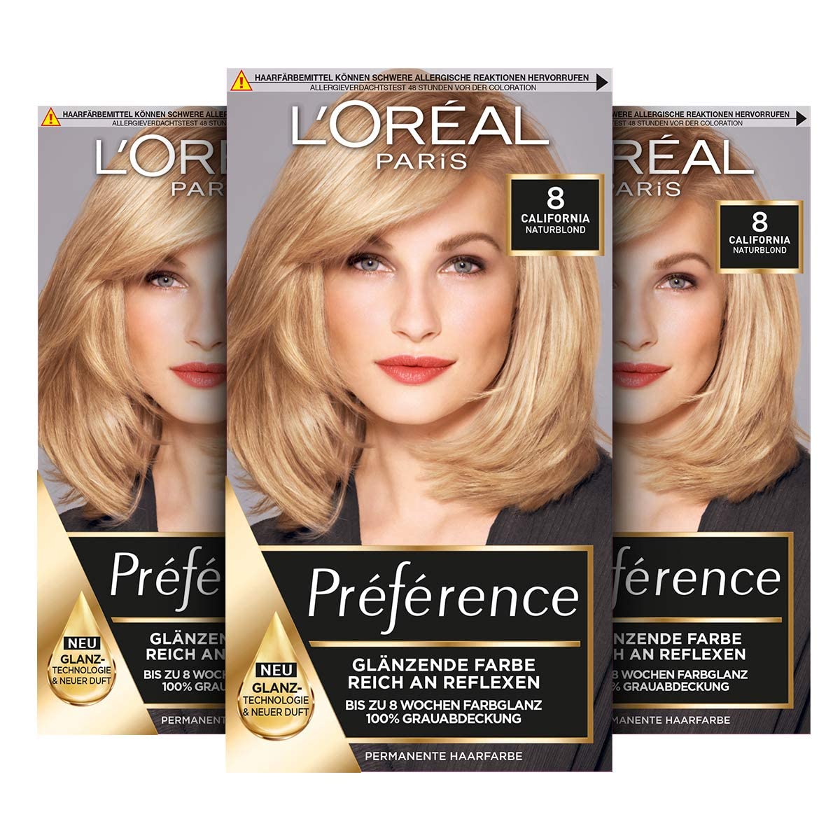L'Oréal Paris Permanent Hair Colour, Hair Dye Set with Colouration and Colour Shine Care Balm, Préférence, 8 Natural Blonde (Cailfornia), Set of 3
