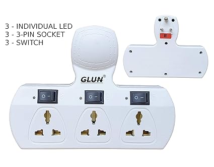 GLUN Multiplug (3+3) 3 Universal Socket, 3 Switch with Individual Led Indicators & Fuse (Three Pin Plug)