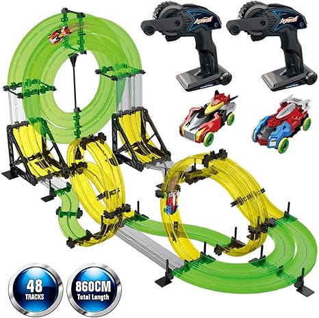 Amazon Remoking ラジコンカー 汽車 軌道 ミニ四駆2台 競技トラックセット 組み立て 360 高速回転 48pcs 男の子 女の子 誕生日プレゼント クリスマス 6歳以上 ラジコン ドローン 通販