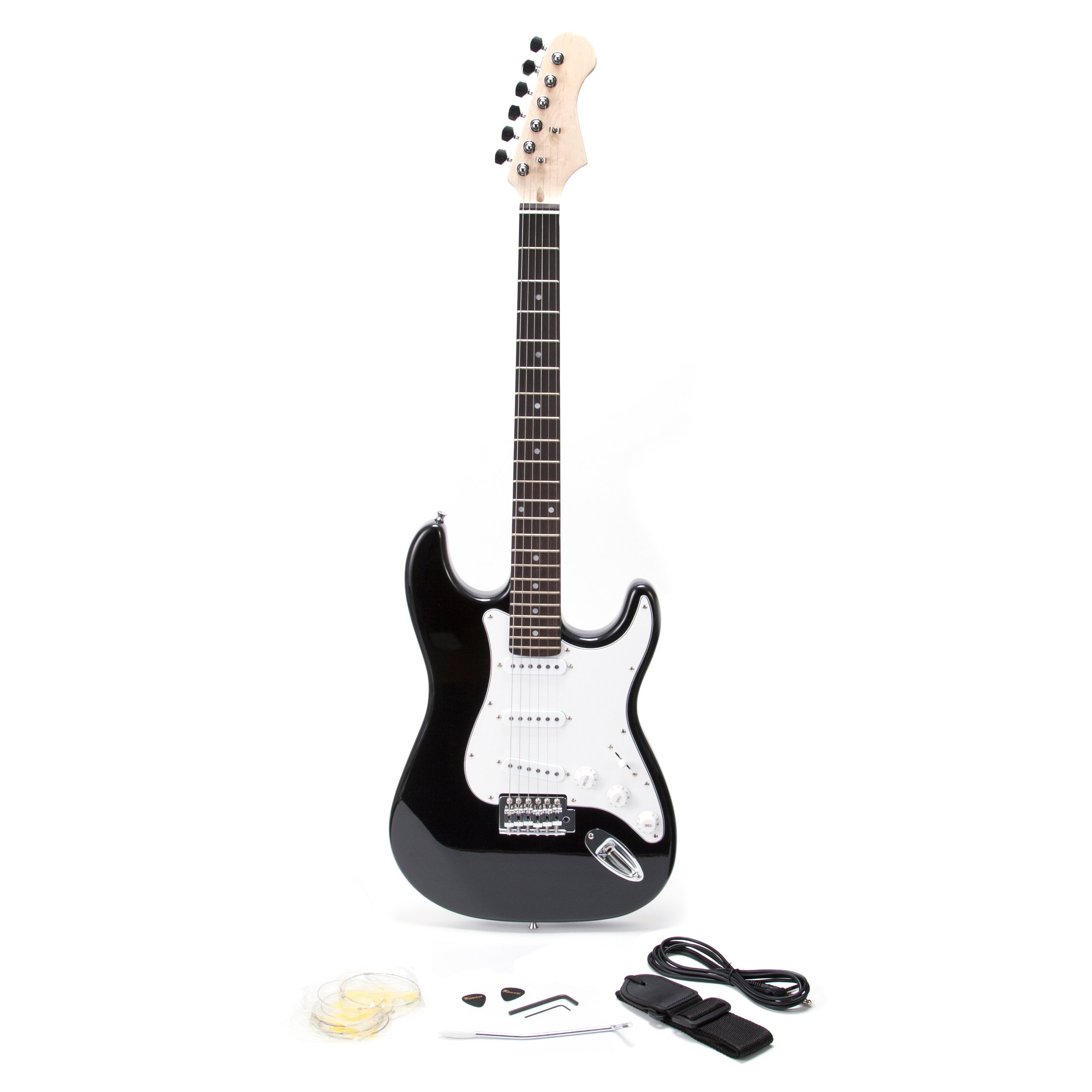 RockJam RJEG01 Full Size Black Electric Guitar Bundle Pack with Lead Strings Strap and Plectrums Black