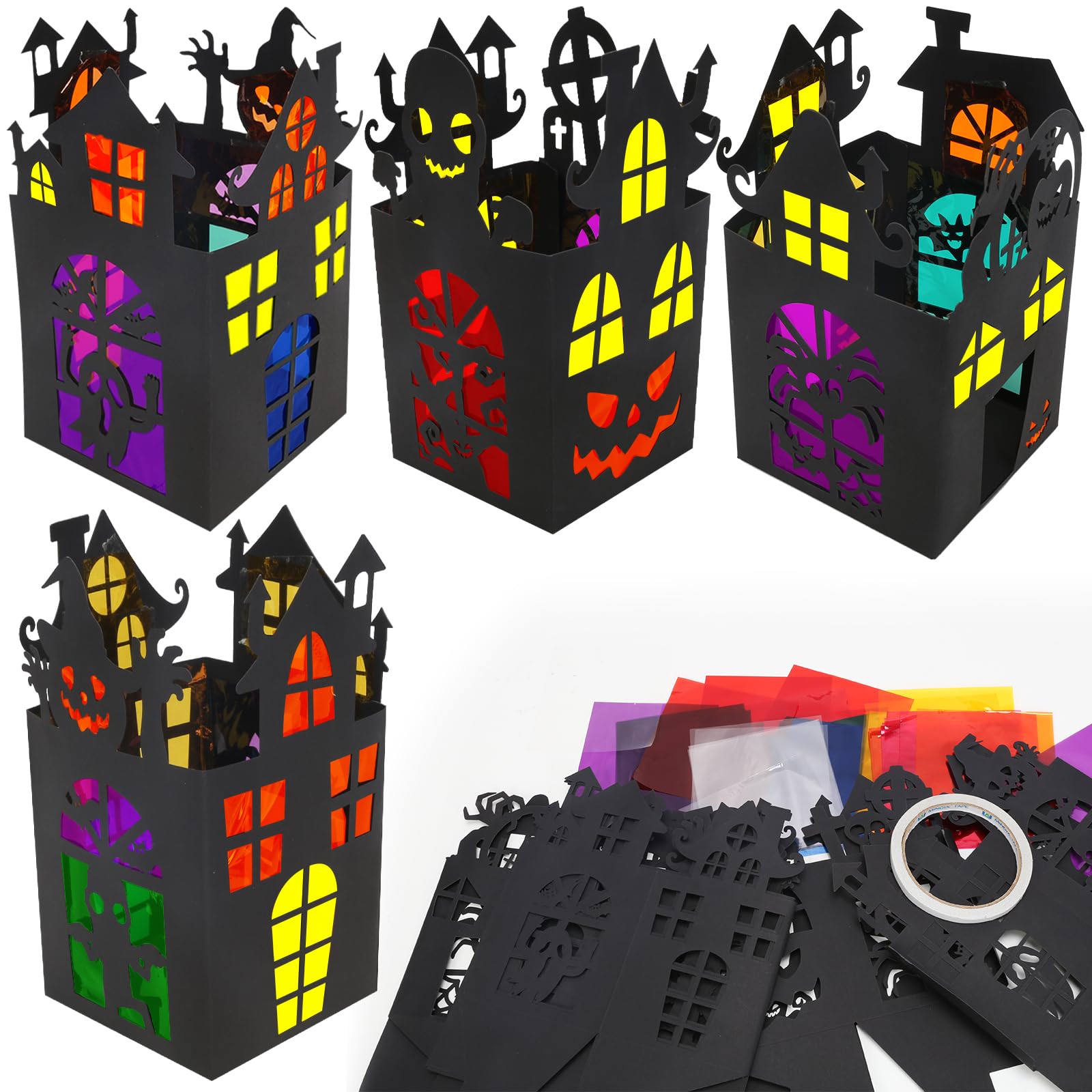 MONCAP 12pcs Haunted House Stained Glass Decoration Kits Stained Glass Lantern Art and Craft Kits for Kids, Halloween Lantern DIY Crafts Home Decor — image 1