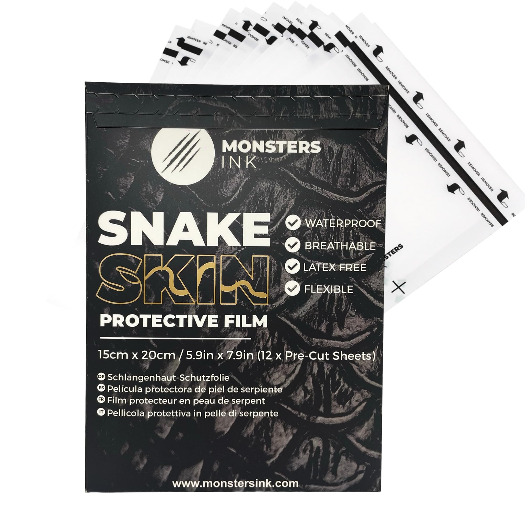 Monsters Ink Snake Skin 12 x Matte Second Skin Tattoo Cover Aftercare Bandage, Tattoo Wrap Film, Protection Film & Waterproof Dressings (15cm x 20cm (12 Sheets))