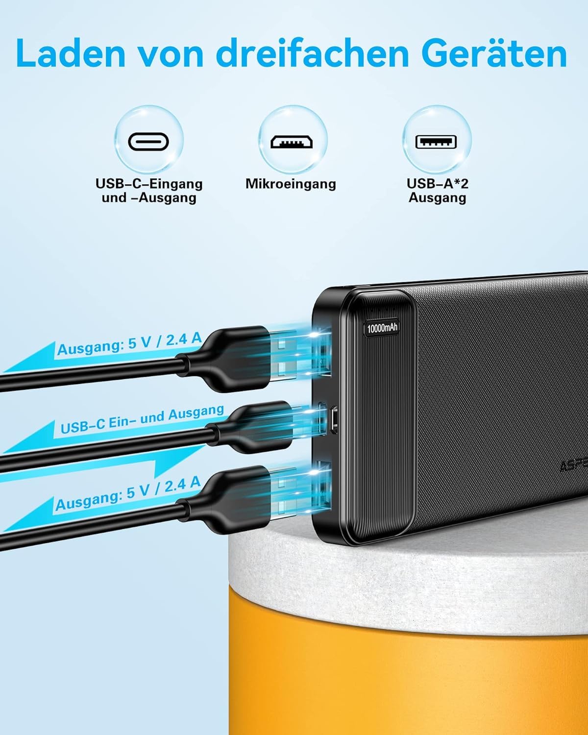 AsperX Power Bank 10000mAh 2 Stück, Slim Klein Aber Stark Externer Handyakkus, USB C Eingang und Ausgang Powerbank, Tragbares Ladegerät mit 4 Ports kompatibel mit iPhone, iPad, Huawei, Tablet 4