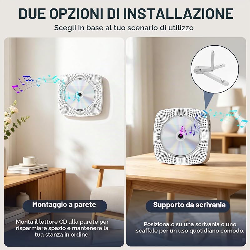 Lettore CD portatile WDV04 per casa e outdoor, Bluetooth con altoparlanti, batteria ricaricabile 4000 mAh, radio FM, USB, telecomando, montaggio a parete e supporto da tavolo