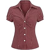 SweatyRocks Women's Striped Button Down Shirt Ruched Short Sleeve Fitted Work Business Blouses