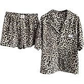 Floerns Women's Plus Size Pajama Set Leopard Print Short Sleeve Shirt and Shorts Sets