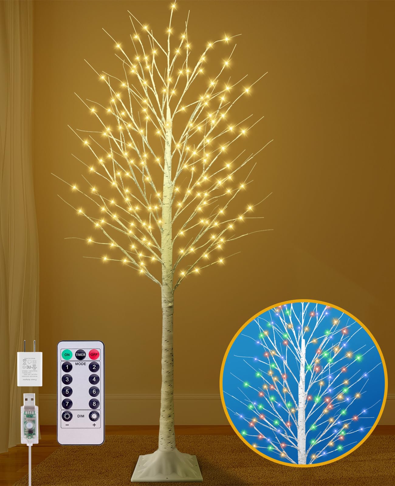 Photo 1 of 7FT Lighted Birch Tree, Birch Tree with LED Lights, 8 Flash Modes and Timer, Light Up Twig Christmas Tree for Indoor Outdoor Home Party Garden Wedding Decorations (Warm White & Multicolor)