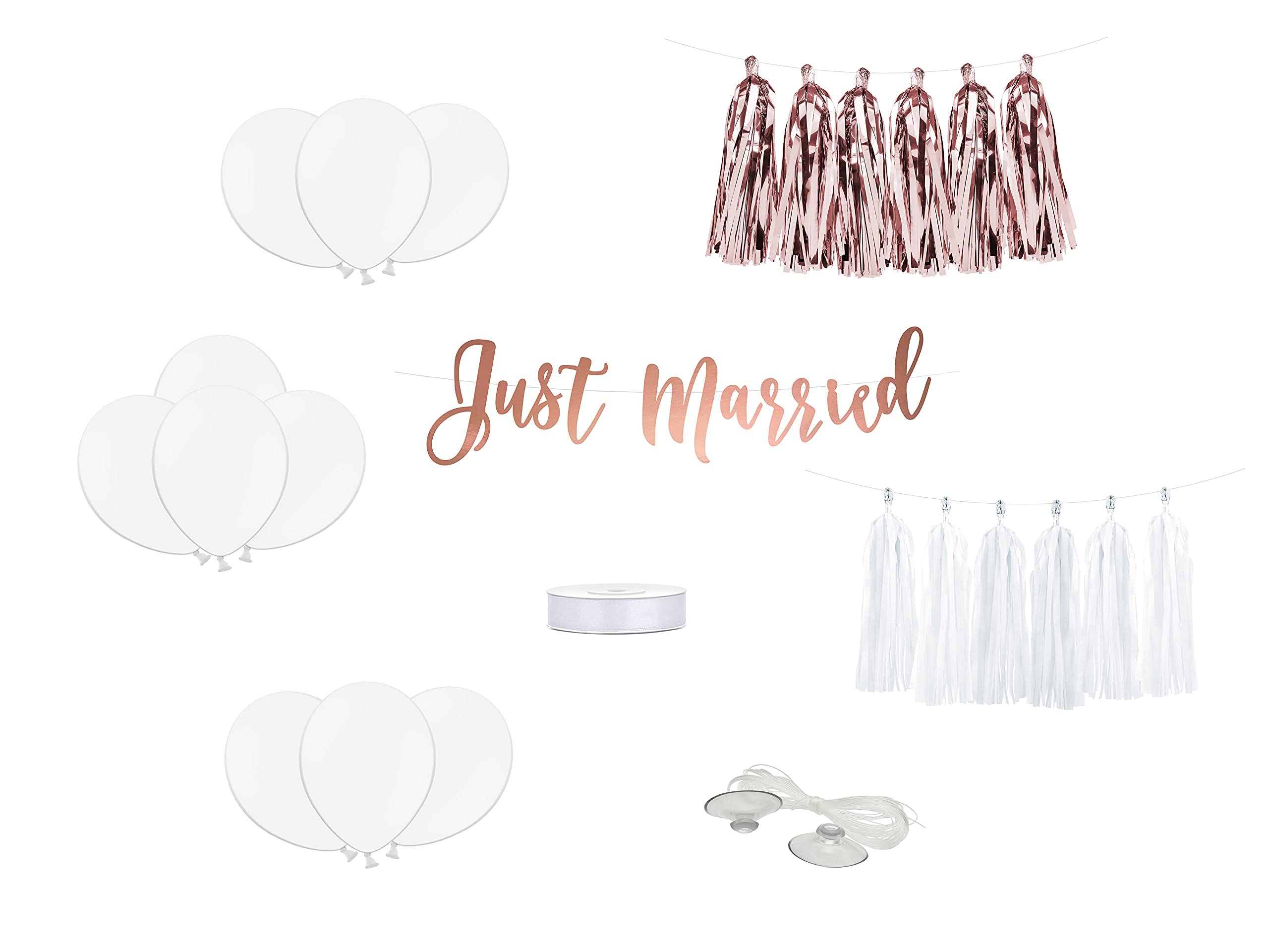 Wedding Car Decoration Kit — Just Married (Tassel Garland, Ballons, Satin Ribbon, Suction Cups)