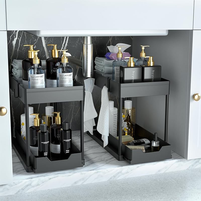 DEKAVA Under Sink Storage 2 Pack 2 Tier Sliding Organiser Black