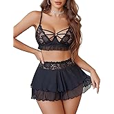 Avidlove Lingerie for Women Naughty Lace Bralette and Mini Skirt 3 Piece Lingerie Set Rave Outfits S-XXL