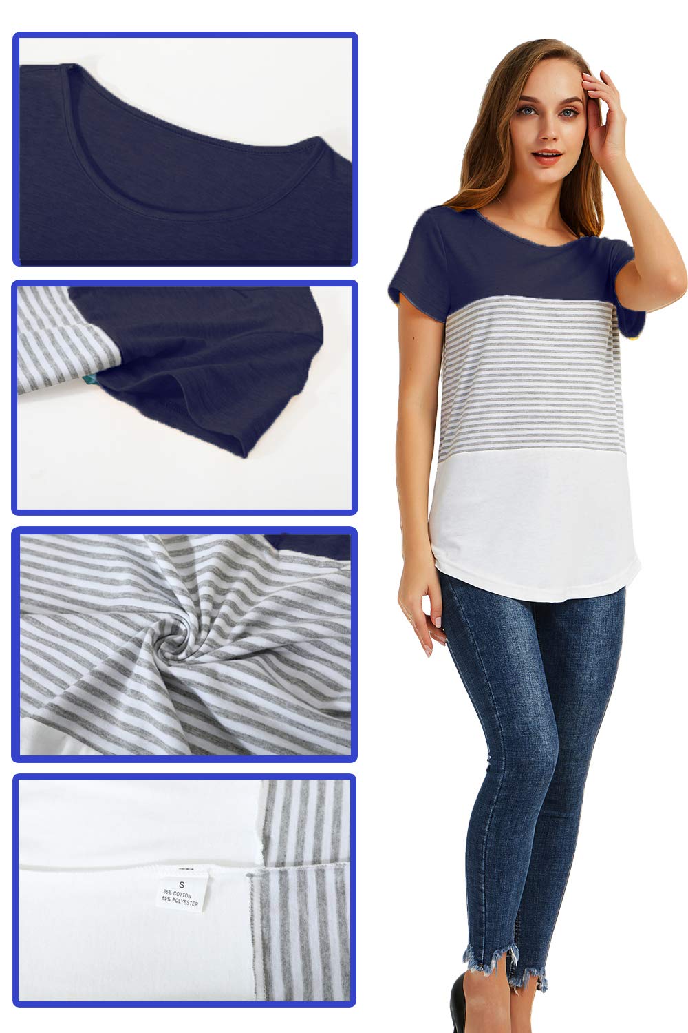 Gititlys Shirts for Women Womens Short Sleeve Shirt Round Neck Stripe T Shirts Summer Casual Top for Women M