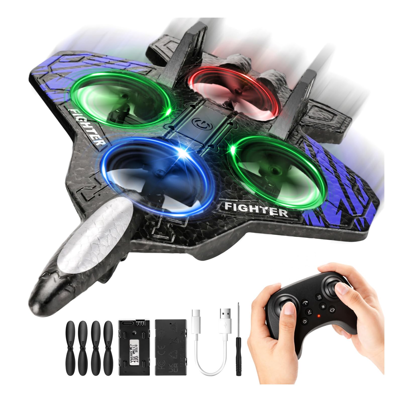 Flintosky Kids Foam Airplane Drone, Remote Control Quadcopter with Auto Hover, 3D Flips, Colorful LED Lights, 2 Batteries - Safe Beginner RC Airplane Toy for Boys and Girls​