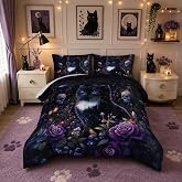 UEVBF Cute Cat Comforter Set Queen Size with 2 Pillowcases. | Floral Plant Skull Printed Bedding Sets for Kids Teens Adults Room Decor,Soft and Lightweight Polyester Fiber Fabric.