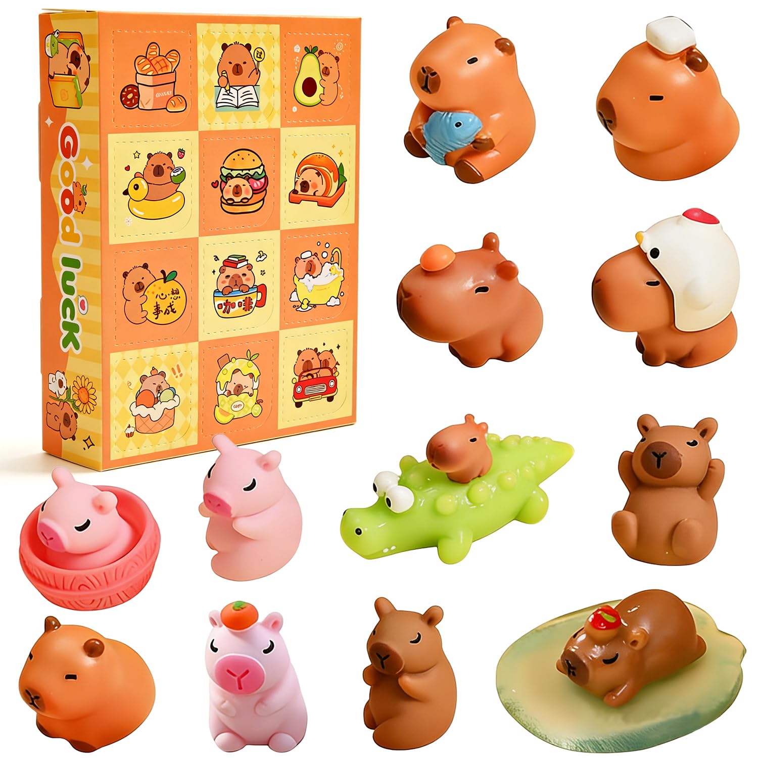 Capybara Blind Box Figure Characters, 12PCS Capybara Mini Figures Ornaments Festive Scene Decoration Advent Calendar Christmas 12 Days Micro Resin Figurines Count-down Calendar Figures Set for Gifts
