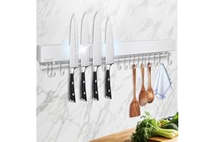 59cm Wall Mounted Magnetic Knife Rack, Stainless Steel Magnetic Strip No Drilling with 15 Hooks/Tape/Screws, Kitchen Utensil 