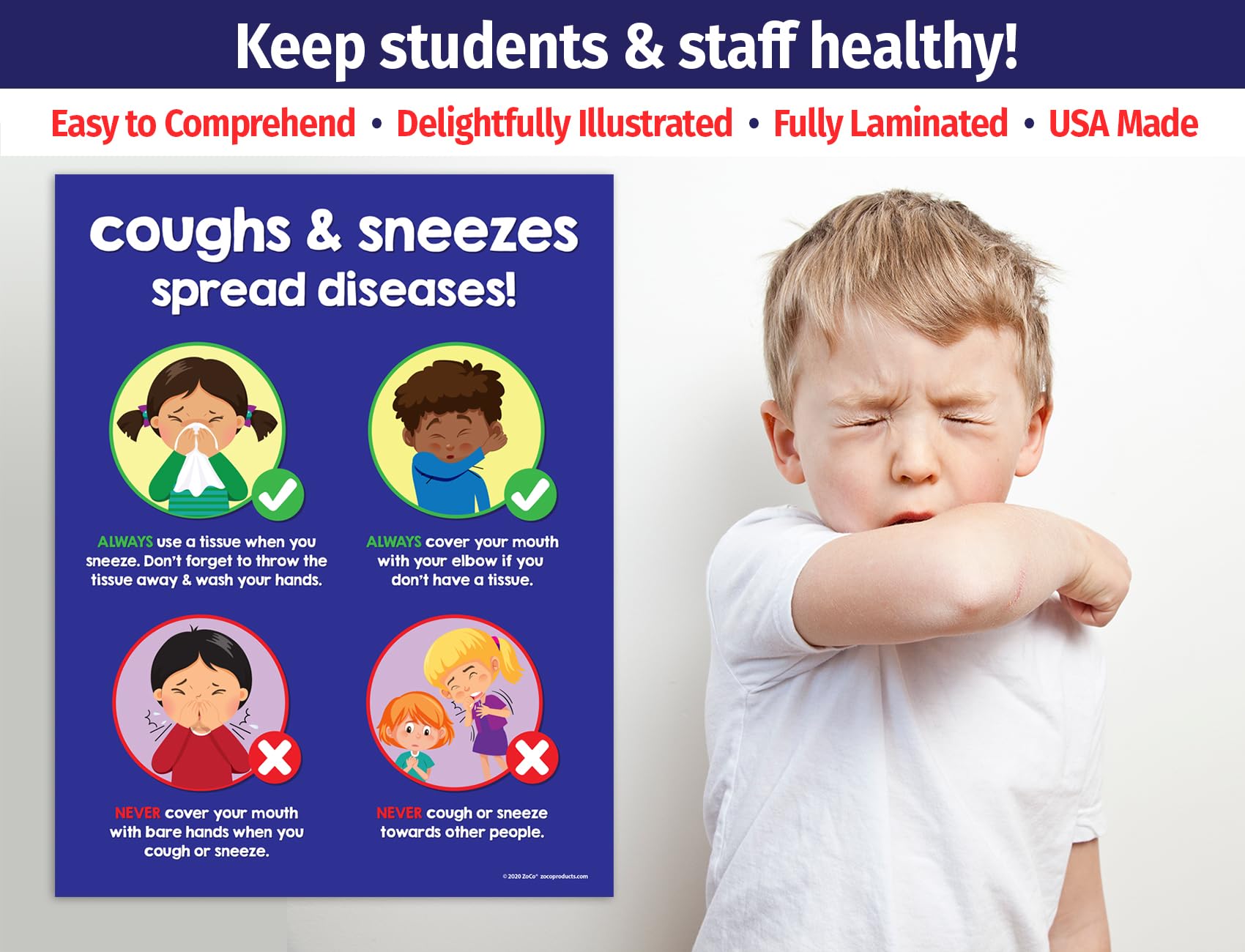 ZOCO Cover Your Cough Sign – Laminated 17” x 22” – Hygiene & Health Poster for School Nurse Office & Bulletin Board Decor