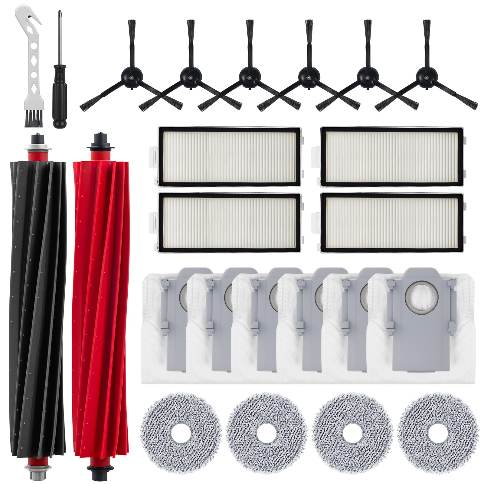 Photo 1 of 24 Pcs Accessories Kit Compatible with Roborock Qrevo Master/Qrevo Slim Robot Vacuum 2 Roller Brush 4 Mop Pads 4 Hepa Filters 6 Side Brushes 6 Vacuum Bags 1 Cleaning Brush 1 Screwdriver