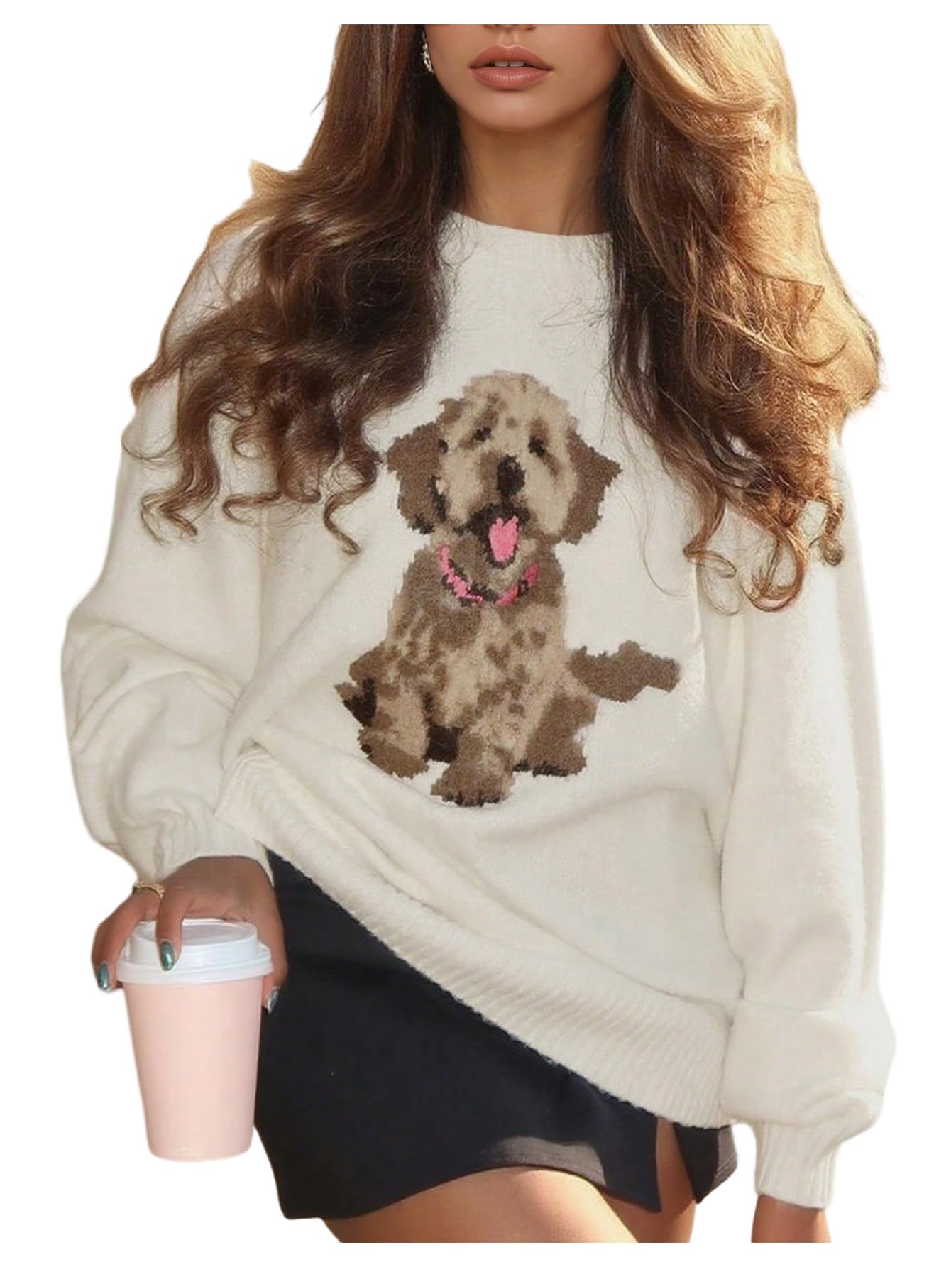 Photo 1 of BEAUDRM Women's Dog Graphic Sweater Fall Cute Cozy Sweaters Lightweight Crew Neck Long Sleeve Knit Tops Pullover Jumper Apricot Small