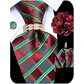 Kerfado 5PCS Mens Silk Designer Tie, Pocket Square, Cufflinks, Drilled Tie Ring and Lapel Pin Set for Wedding Groom Party