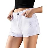 Queenwin Women's Ripped Mid Rise Denim Shorts Stretchy Cuffed Hem Jeans Shorts