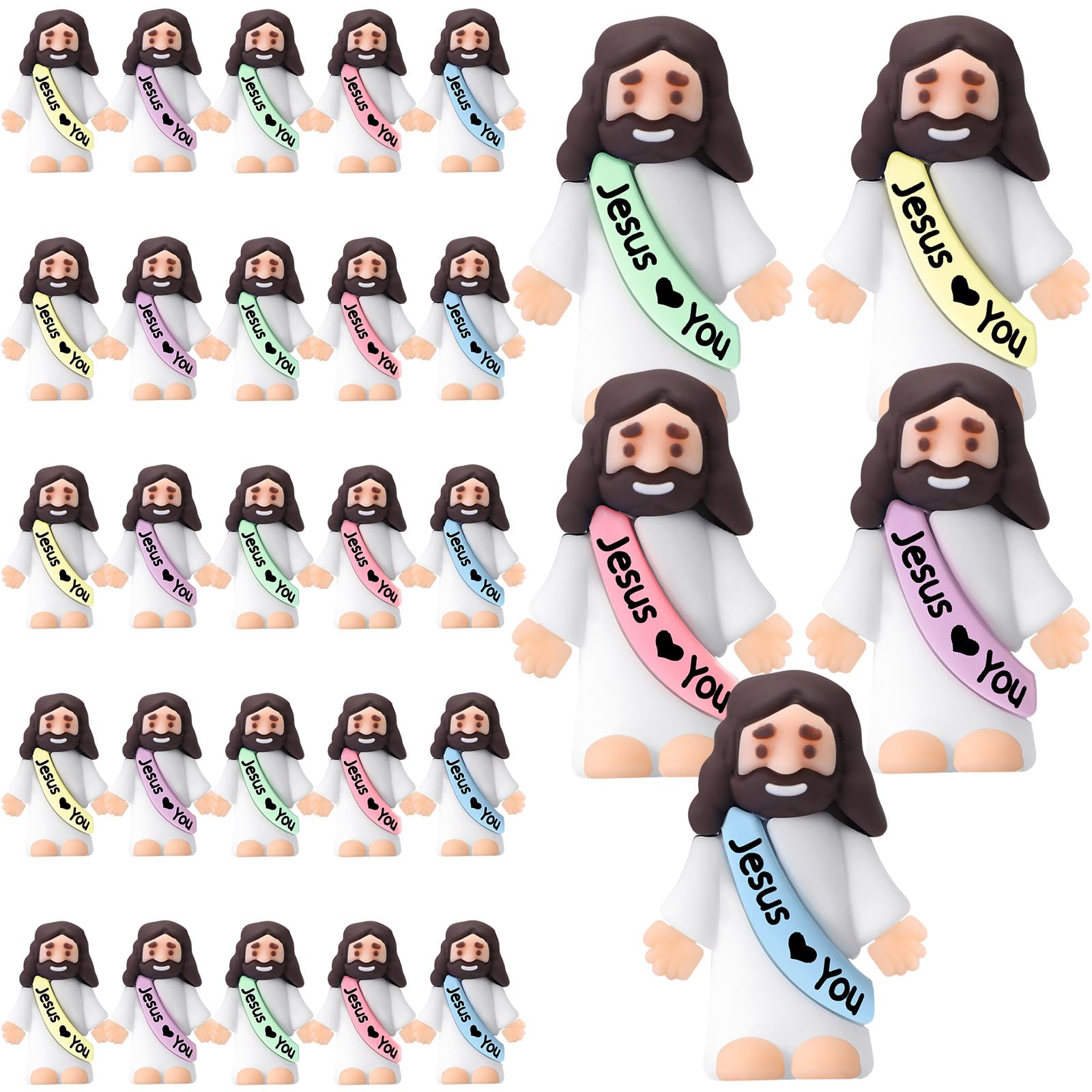 Bememo 25 Pcs Little Jesus Figures Original Design Jesus Love You Mini Rubber Toys to Hide and Seek Christmas Religious Party Favors Sunday School Baptism Gifts(Macaron Colors)