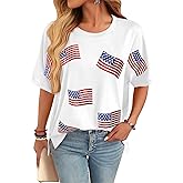 For G and PL Women's 4th of July Sequin Side Split T Shirt Patriotic American Flag Star Stripes Tops