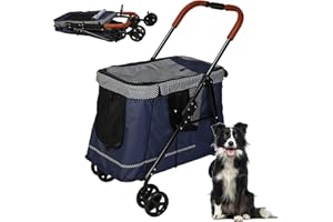 Vilobos Pet Wagon Double Dog Stroller for Large Dogs or Multiple Dogs Cats with 4 Wheels, Dog Cat Cart with Dual Entry Portable Quick One-Step Folding Travel Carrier Cart, Dark Blue