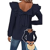 Falechay Womens Bow Tie Back Tops Square Neck Long Ruffle Sleeve Shirts Cute Babydoll Chiffon Texture Women Fall Trendy Tunic