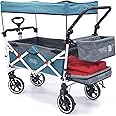 Creative Outdoor Wagon for Kids Push Pull Collapsible Stroller with Canopy Folding Cart for Beach, Park, Garden (Teal & Grey)