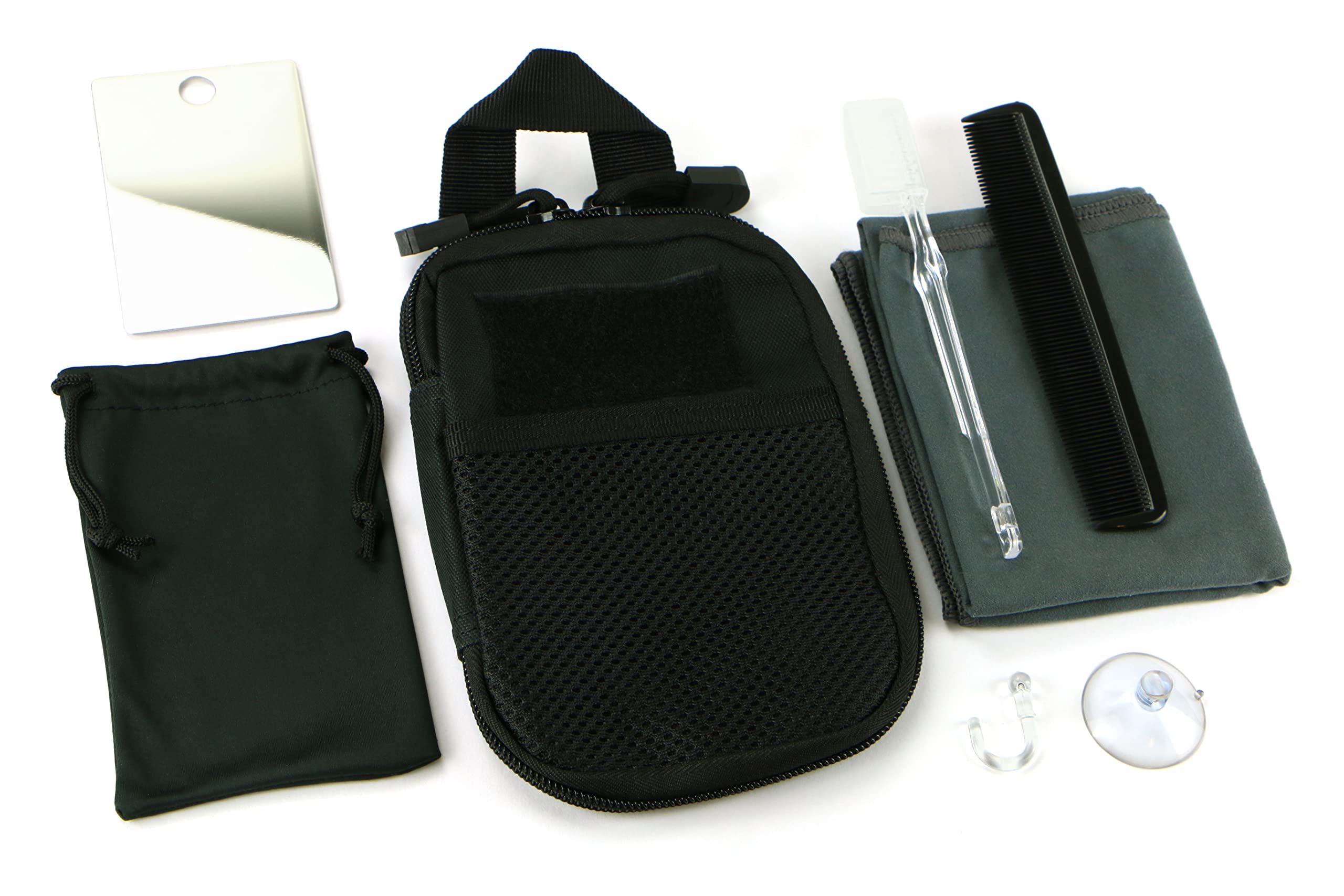 Compact Wash Kit – Travel Set of Stainless Steel Mirror, Microfibre Towel, Comb and Toothbrush in a Tough Nylon Zip-up Pouch. UK-Made.