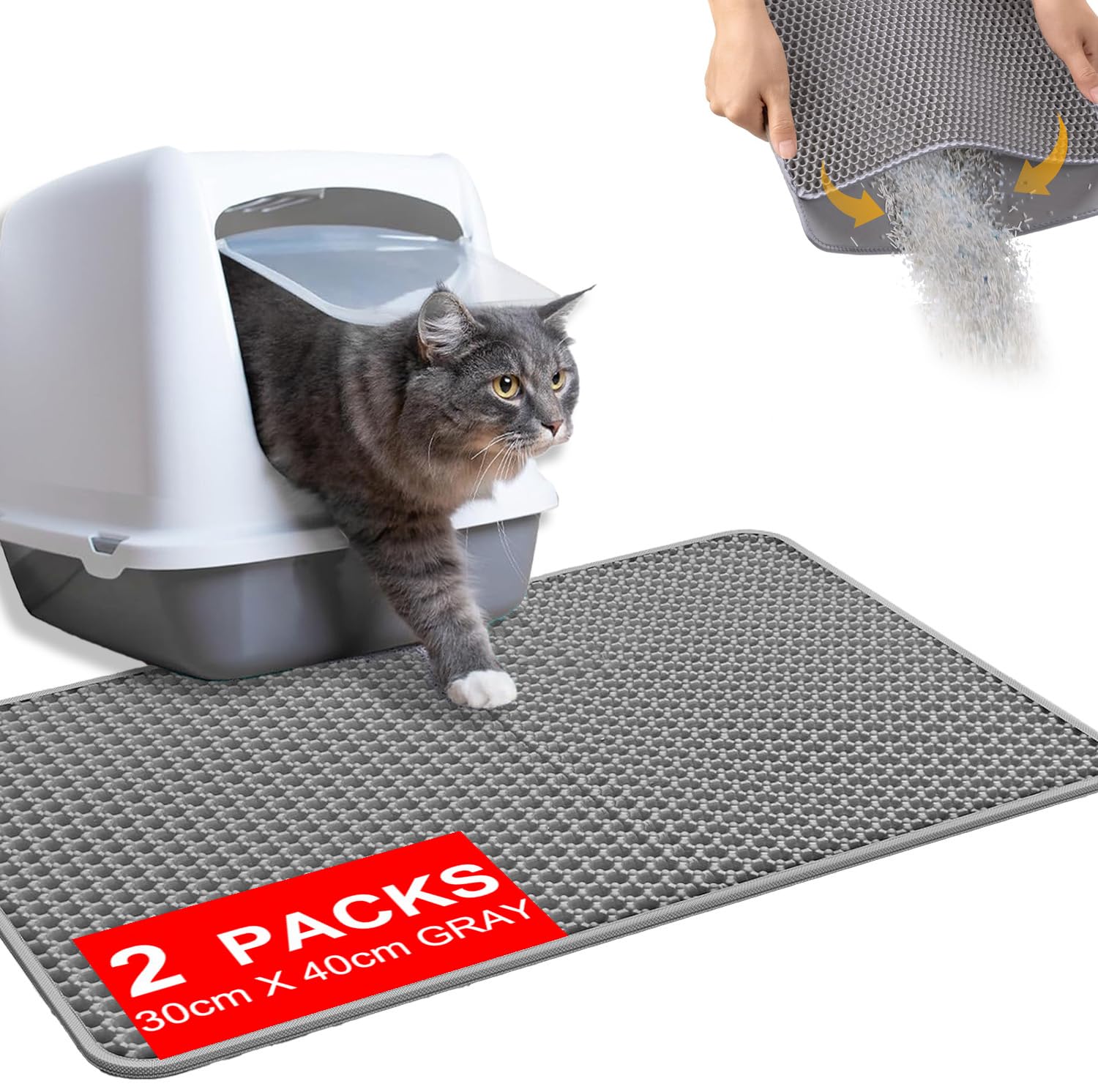 2PCS Cat Litter Mat, 30 x 40 cm Double Layer Honeycomb Design Litter Trapping Mat, Nonslip Waterproof Urine Proof EVA Material Easy Clean, Litter Box Mat Scatter Control Grey