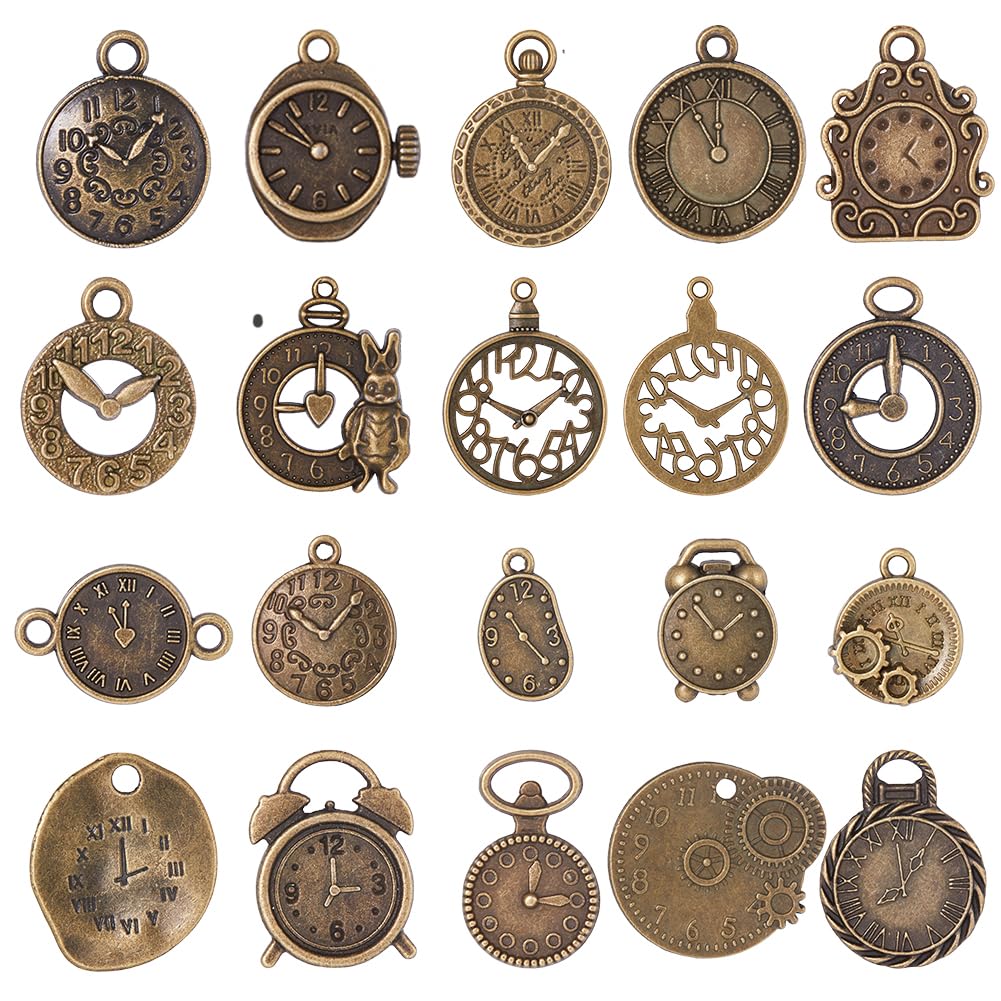 SUNNYCLUE 1 Box 2 Set 40Pcs Clock Face Charms Steampunk Charms Bulk Antiqued Bronze Retro Watch Gear Cog Wheel Steam Punk Round Clocks for jewellery Making Diy Bracelet Earrings Crafting