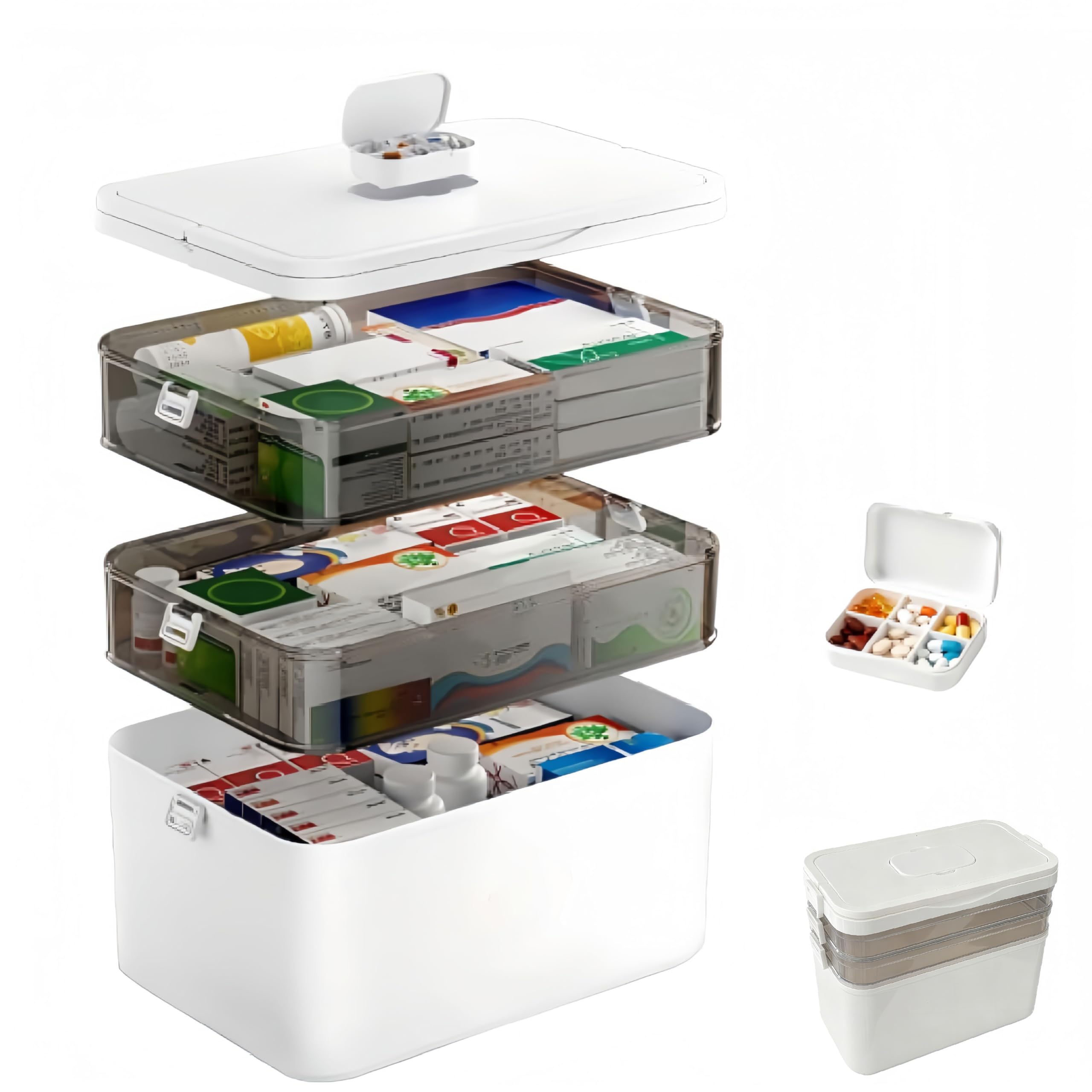 Photo 1 of YunpanTrade 3-Tier Medicine Organizer with Detachable Pill Box, First Aid Kit with Handle, Portable Multipurpose Plastic Medical Box for Home, Travel, and Family Emergencies?White?
