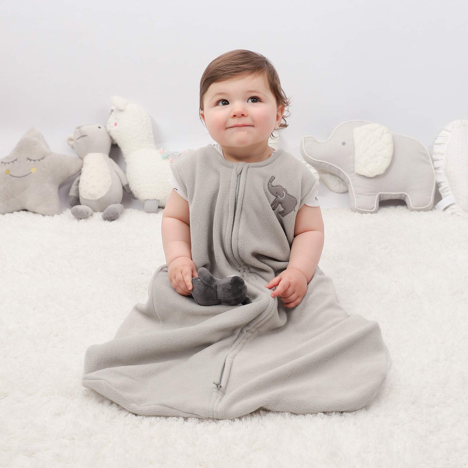 TILLYOU All Season Micro-Fleece Baby Sleep Bag and Sack with Inverted Zipper, Unisex Clothes for Toddlers Age 12-18 Months, Sleeveless Warm Soft Plush Wearable Blanket TOG 1, Large L, Gray Elephant: Baby