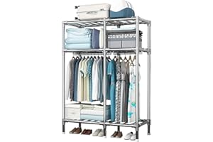 Livabber Portable Closet, Metal Wardrobe Closet for Hanging Clothes, Freestanding Garment Rack, Large Capacity Clothes Storage Organizer with 2 Hanging Rods, Storage Shelves (43.3 x 17.7 x 67 Inches)