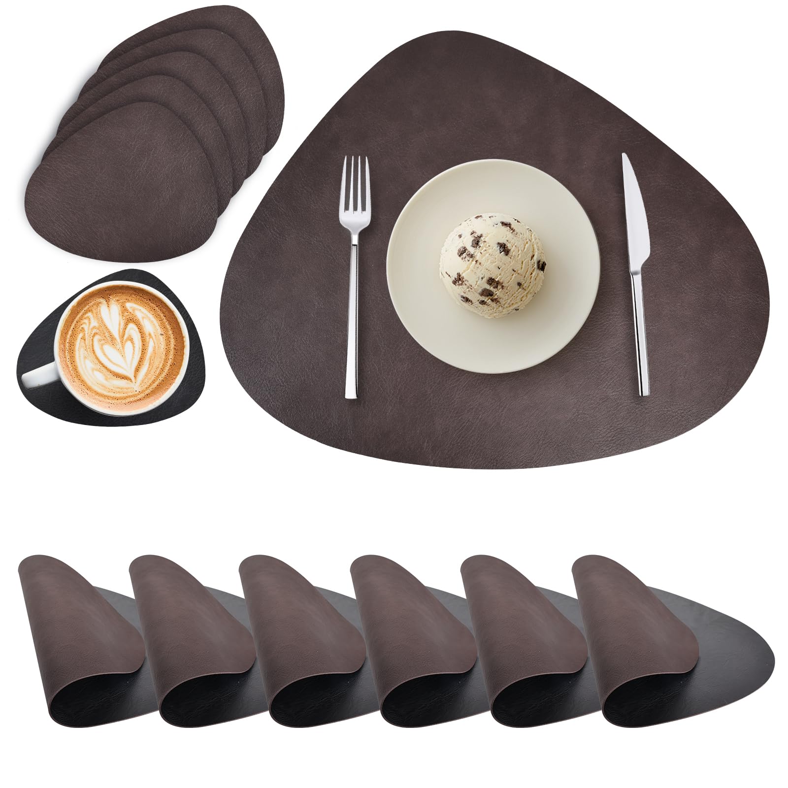 Placemats and Coasters Sets of 6, Round PU Leather Table Mats Dual-Sided Place Mats Heat-Resistant Washable Non-Slip Table Placemats for Kitchen Restaurant Outdoor (Dark Brown Black)