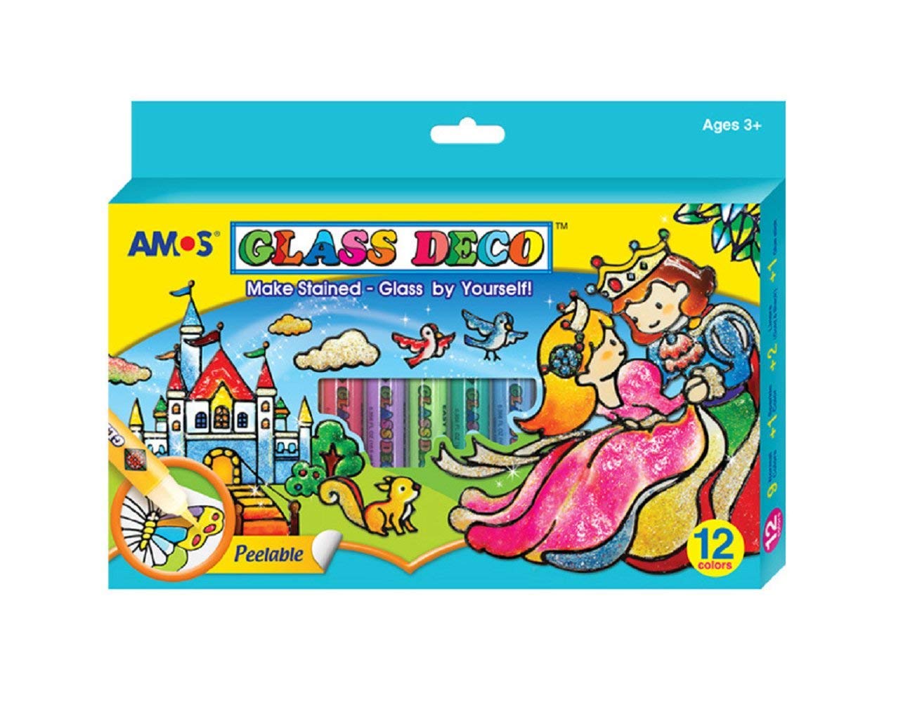 AMOS Glass Deco Window Art Kit — 10.5 ml x 10 Colors — Black & Gold Liners, 3 Vinyl Sheets & Pattern Templates, Glue Stick, DIY Stained Glass Paint Set for Kids