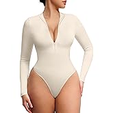 FeelinGirl Long Sleeve Bodysuit for Women Mock Turtle Neck Body Suits Zip Up Design Black Tummy Control Bodysuit Shirts