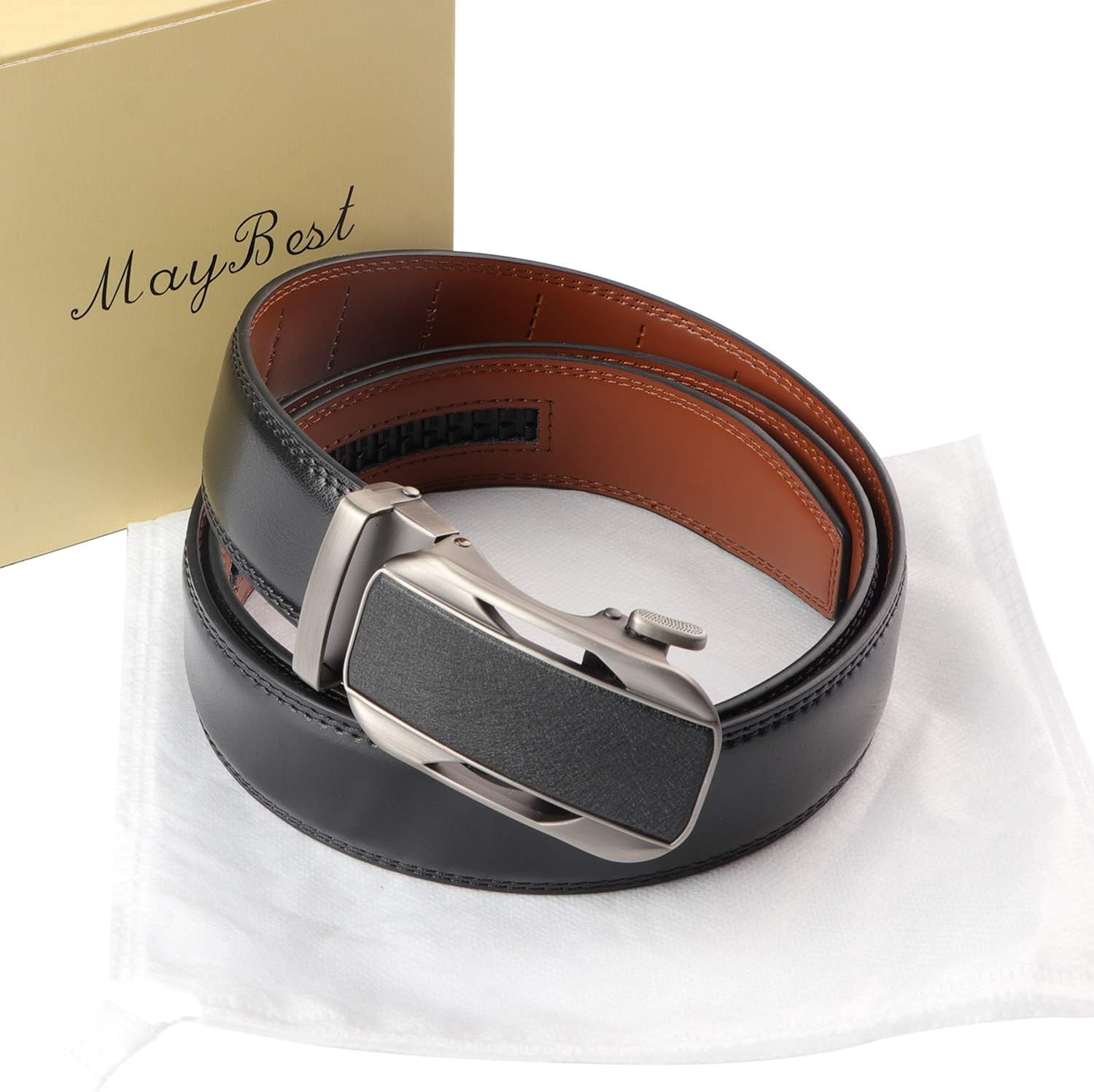 MayBest Genuine Leather Slide Ratchet Belt for Men with Automatic Buckle-Trim to Fit at  Men’s Clothing store