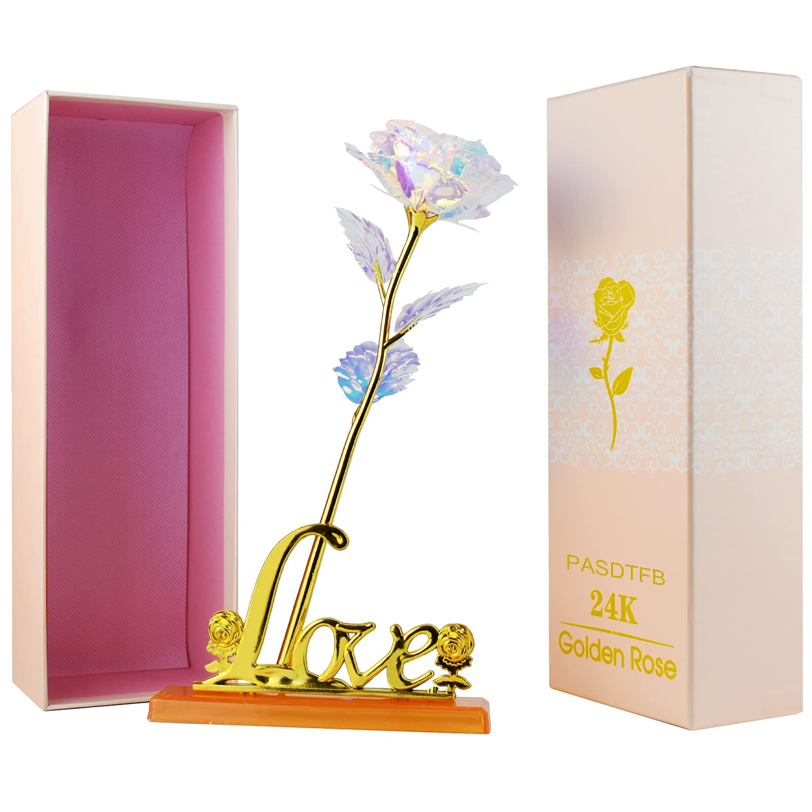 Galaxy Rose Flower Artificial Rose Gifts Colorful Rose with Heart Stand LED Light Infinity Roses Present for Valentine's Day Mother's Day Birthday Thanksgiving Anniversary for Her Girls Women Wife (Love Base)